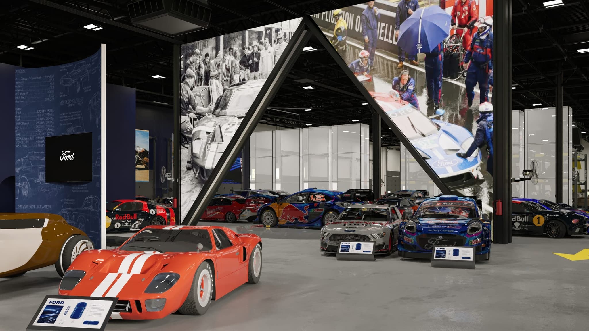 Render of a heritage exhibition hall with classic and modern race cars on display in front of large-format photographic graphics.