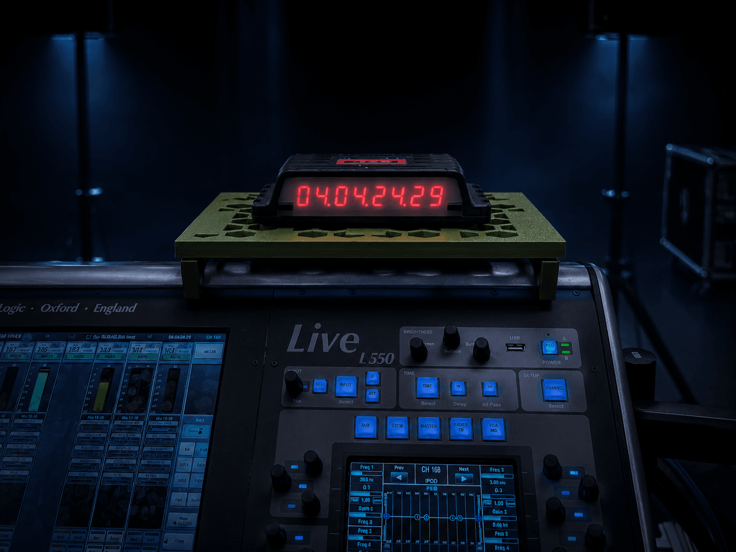 The Matcha Green TC SSL Shelf mounted on an SSL Live console and holding a timecode unit